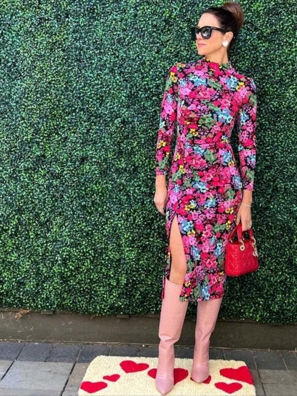 Floral Pink Midi Dress with Side Slit